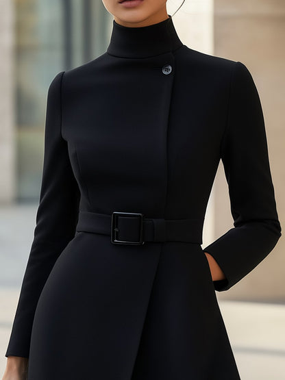 Black High-Neck Asymmetric Belted A-Line Dress