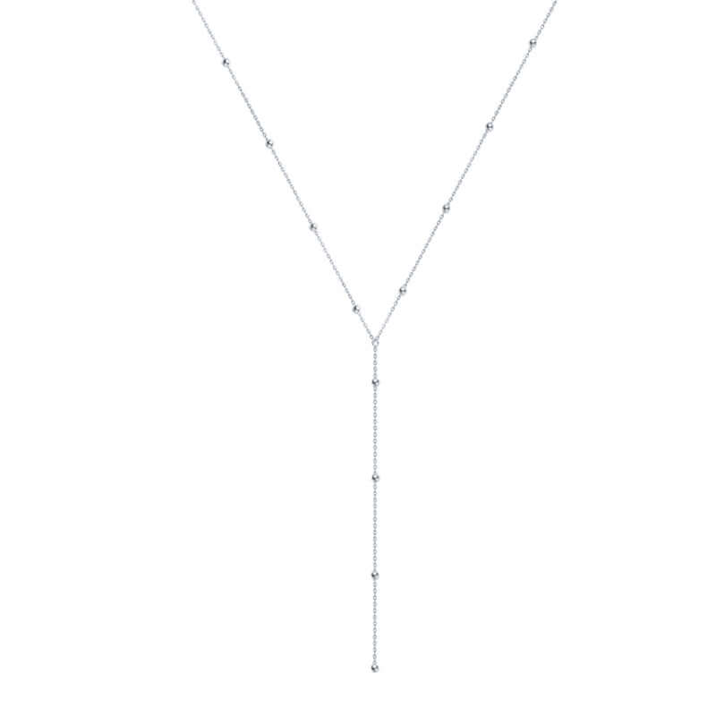 Round Bead Long Tassel Chain Simple Lariat Silver Necklace