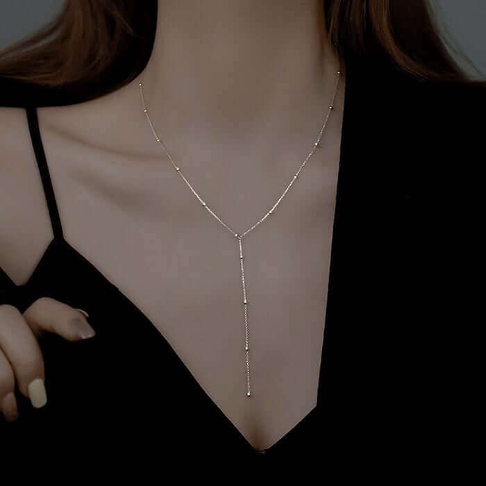 Round Bead Long Tassel Chain Simple Lariat Silver Necklace