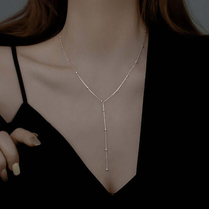 Round Bead Long Tassel Chain Simple Lariat Silver Necklace