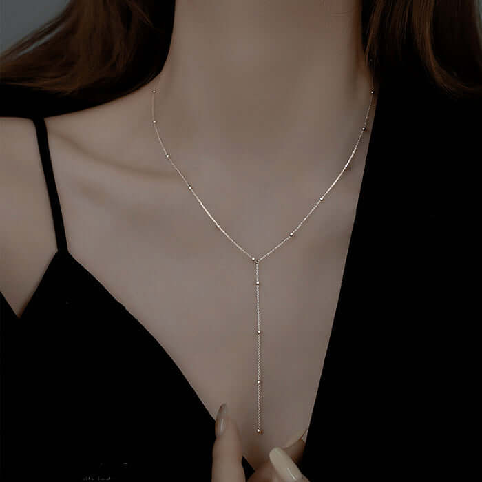 Round Bead Long Tassel Chain Simple Lariat Silver Necklace