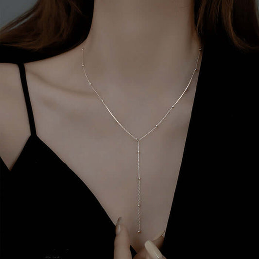Round Bead Long Tassel Chain Simple Lariat Silver Necklace