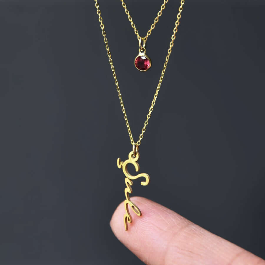Layered Necklace Name Pendant with Gemstone & Silver Chain