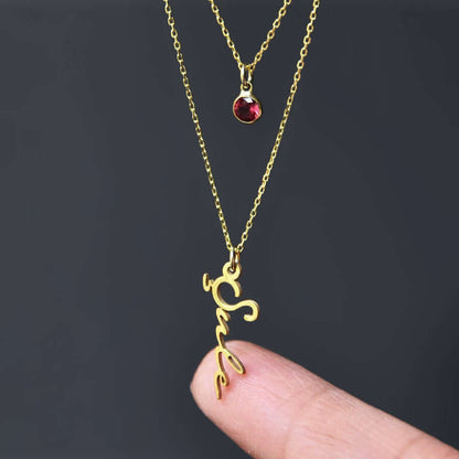 Layered Necklace Name Pendant with Gemstone & Silver Chain