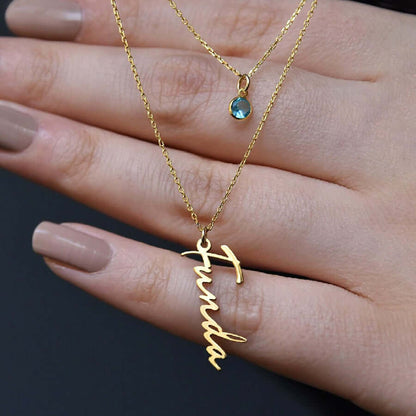 Layered Necklace Name Pendant with Gemstone & Silver Chain