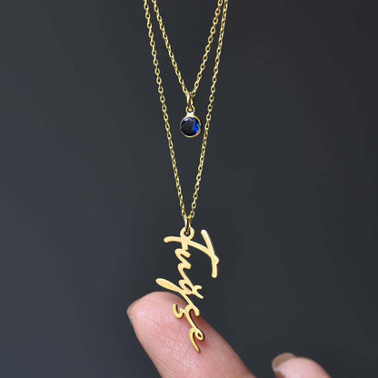 Layered Necklace Name Pendant with Gemstone & Silver Chain