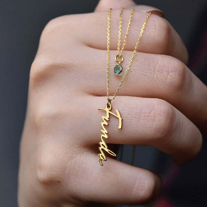 Layered Necklace Name Pendant with Gemstone & Silver Chain
