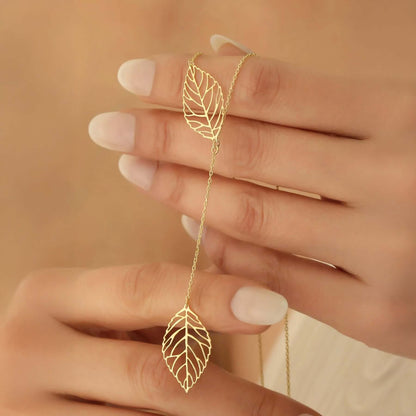 Leaf Drop Y Pendant Necklace 925 Silver Dainty Lariat