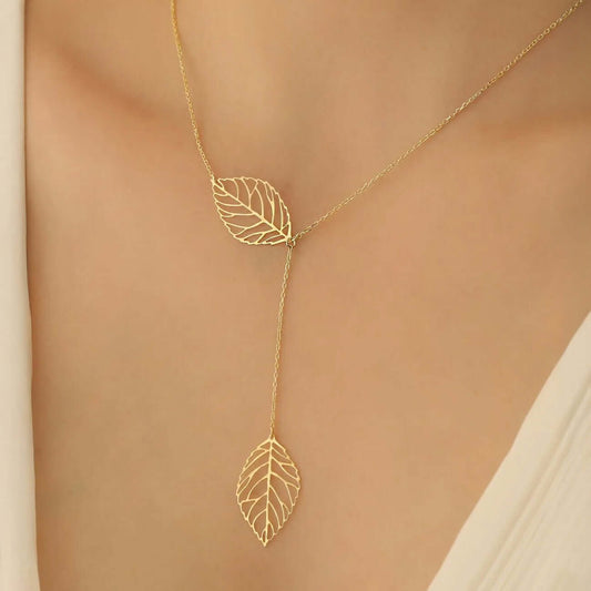 Leaf Drop Y Pendant Necklace 925 Silver Dainty Lariat
