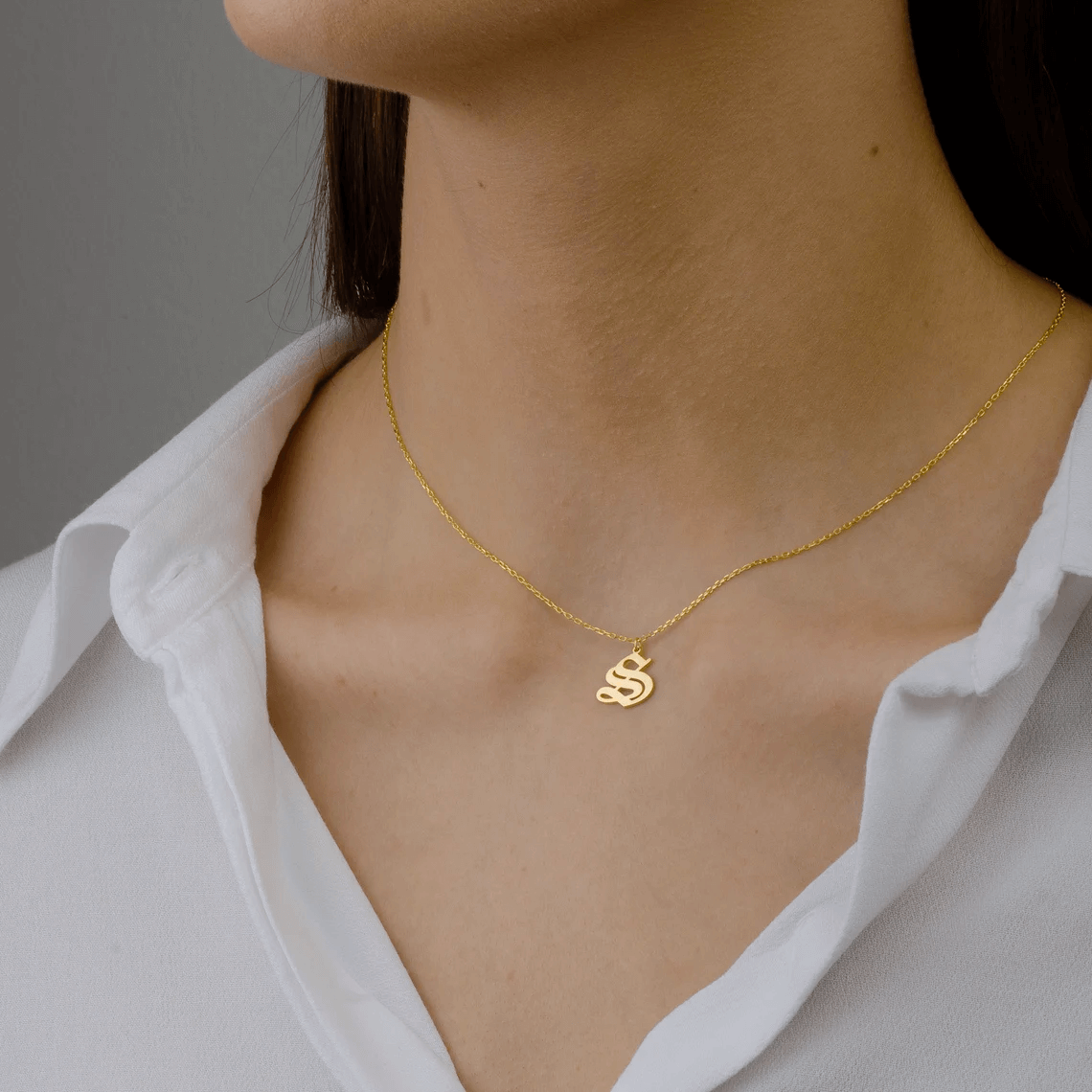 14k Solid Gold Gothic Letter Necklace Personalized Gift