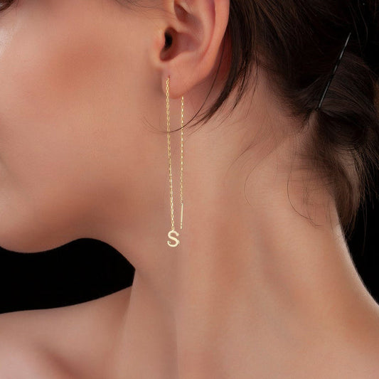 Threader Earrings with Initial Letter in Yellow Gold Vermeil