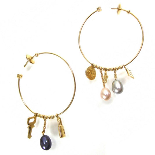 Lothtuis Vuithttton Charm and Pearl 18k Yellow Gold Hoop Earrings