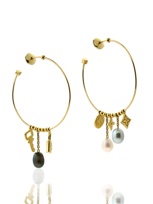 Lothtuis Vuithttton Monogram Medium Hoop Earrings with Pearls 18k Yellow Gold