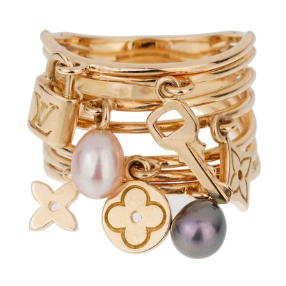 Lothtuis Vuithttton Monogram Pearl Cocktail Yellow Gold Ring Sz 6 1/2