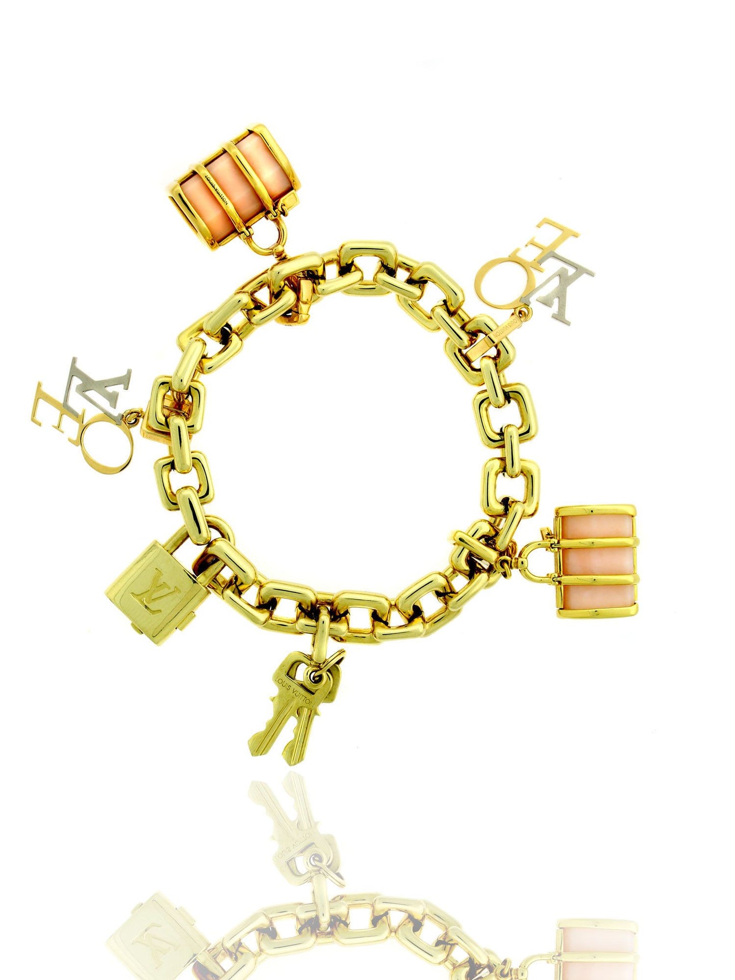 Lothtuis Vuithttton Padlock and Keys Love and Keepall Charm Bracelet 18k Yellow Gold N04204