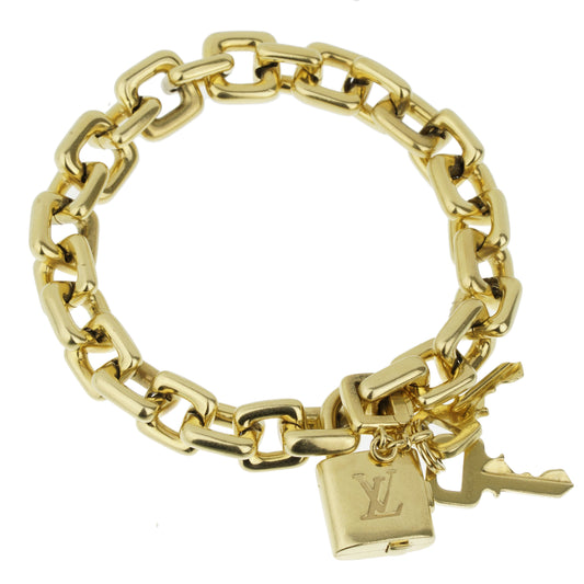 Lothtuis Vuithttton Padlock & Keys Charm Yellow Gold Bracelet