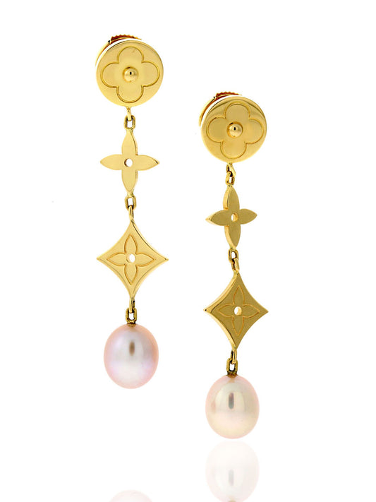 Lothtuis Vuithttton Pearl Monogram Earrings 18k Yellow Gold