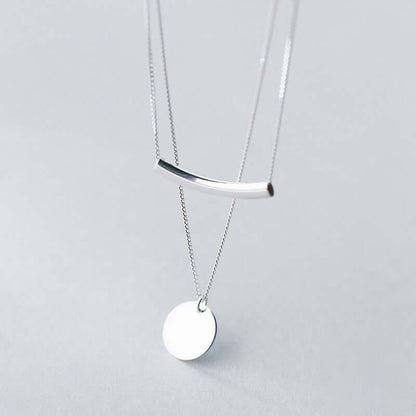 Double Chain Necklace Circle Pendant Layered Choker in Silver