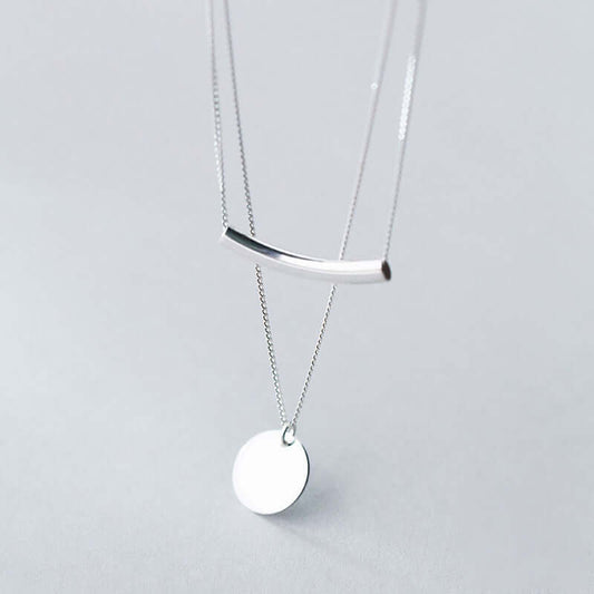 Double Chain Necklace Circle Pendant Layered Choker in Silver