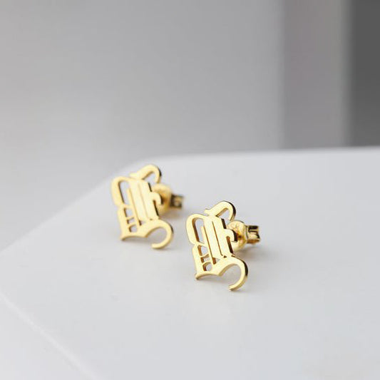 Gothic Initial Silver Stud Earrings for Women