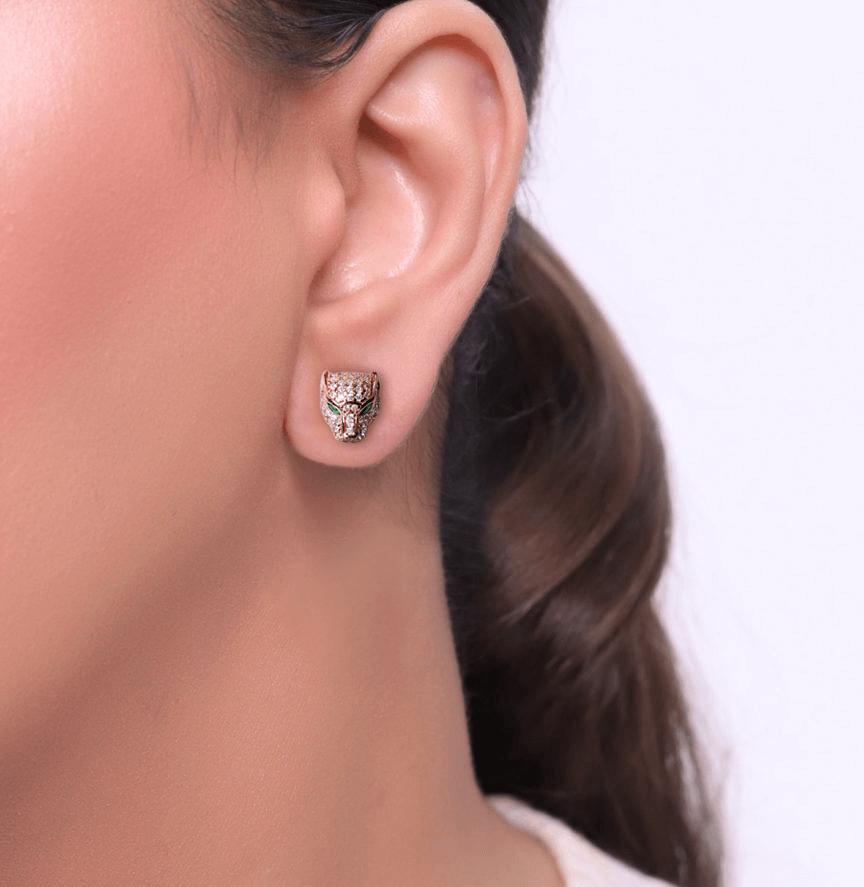 Panther Stud Earrings with Pave CZ Crystals in 925 Silver