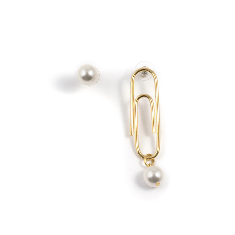 Asymmetric Earrings 18K Gold-Plated Women's Studs Pearl Paperclip