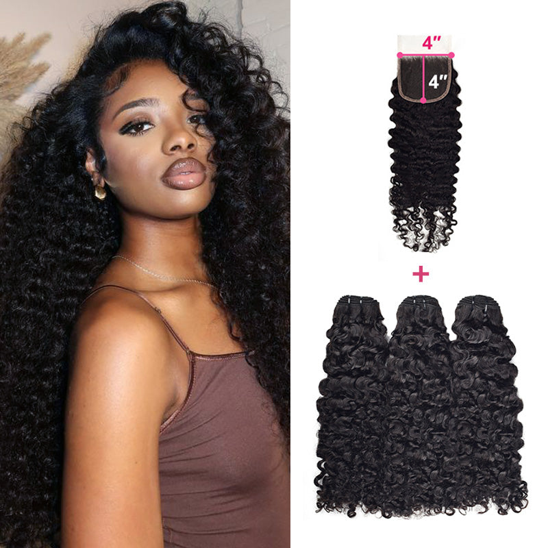#1B Burmese Curly  3 Bundles with HD lace Closure Deal 100% Human Hair CVOHAIR