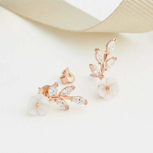 Pearl Flower Stud Earrings Sterling Silver in Rose Gold