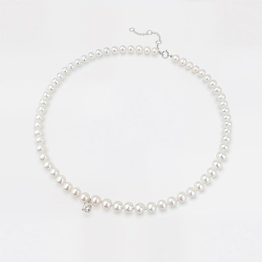 Pearl Necklace Choker with Solitaire CZ Diamond