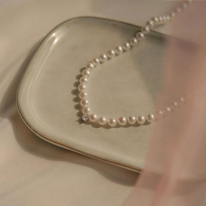 Pearl Necklace Choker with Solitaire CZ Diamond