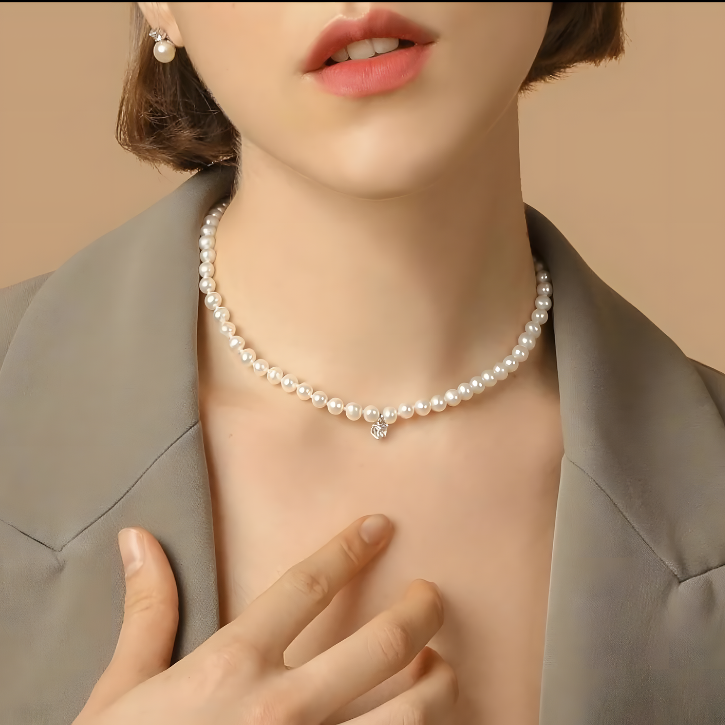 Pearl Necklace Choker with Solitaire CZ Diamond