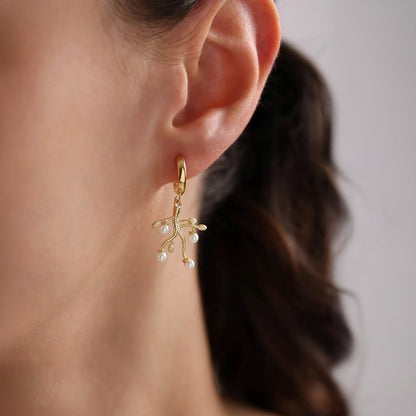 Pearl Dangle Branch Huggies 18k Gold?Plated Silver