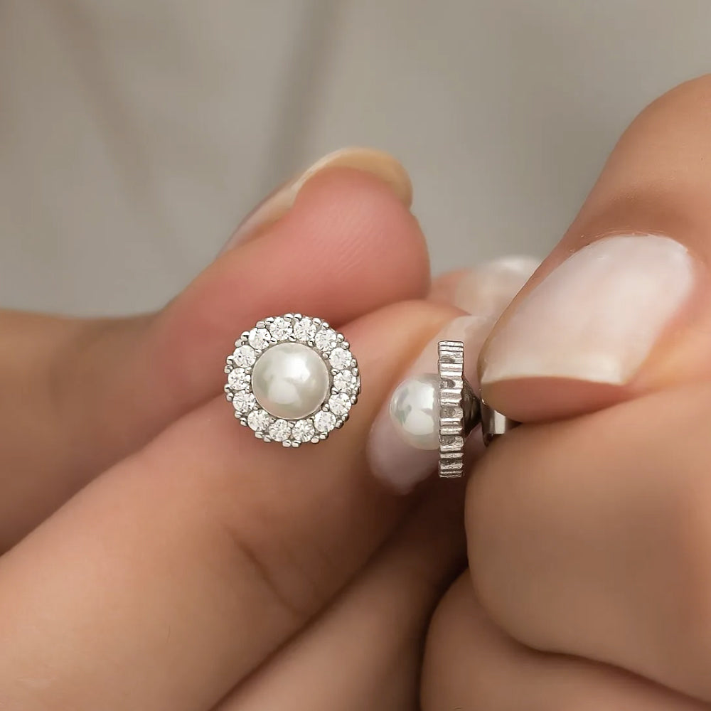 Freshwater Pearl Halo CZ Diamond Stud Earrings in 925 Silver