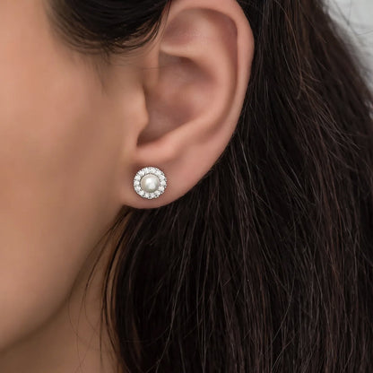 Freshwater Pearl Halo CZ Diamond Stud Earrings in 925 Silver