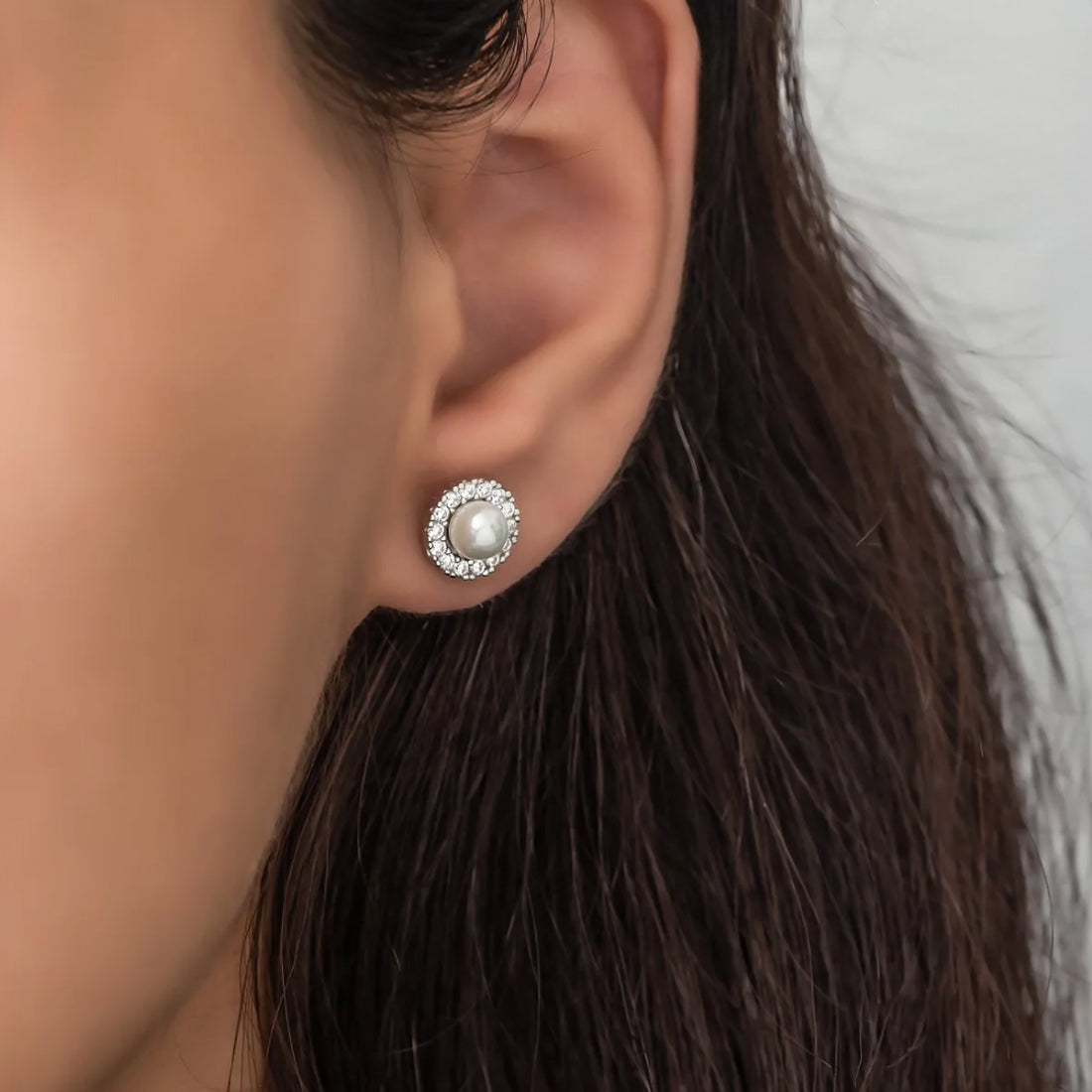 Freshwater Pearl Halo CZ Diamond Stud Earrings in 925 Silver