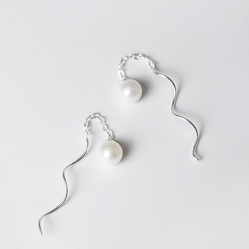 Pearl Dangle Earrings Wave Thread Tassel with Silver Chain