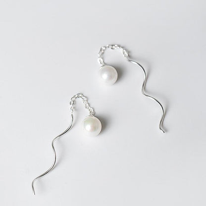 Pearl Dangle Earrings Wave Thread Tassel with Silver Chain