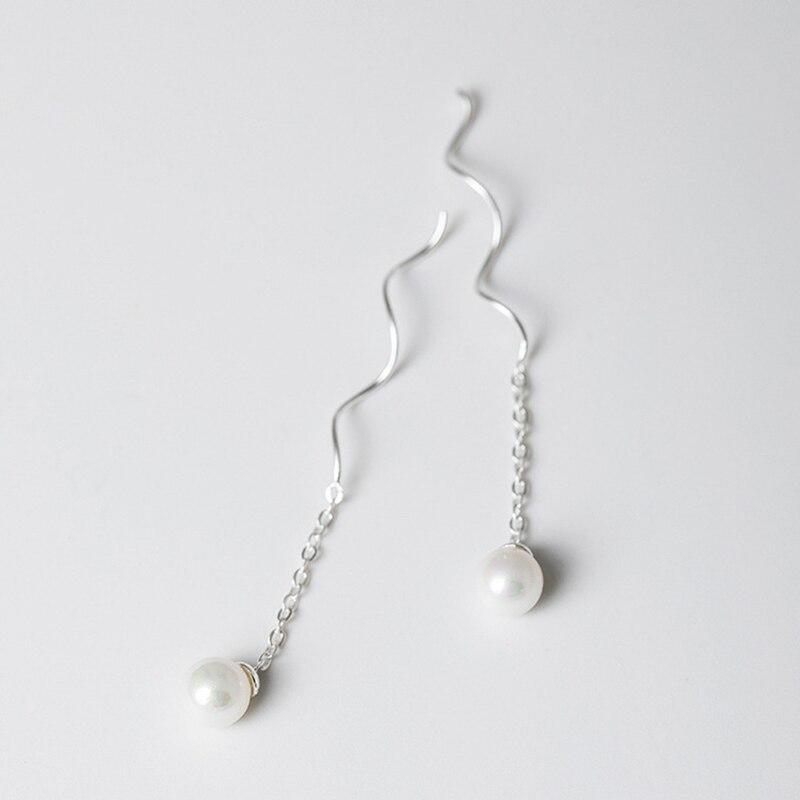 Pearl Dangle Earrings Wave Thread Tassel with Silver Chain