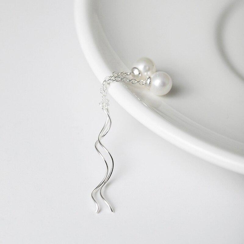 Pearl Dangle Earrings Wave Thread Tassel with Silver Chain