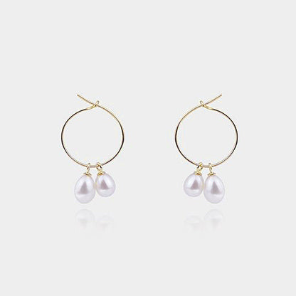 Silver Wire Hoop Earrings with Dangling Pearls