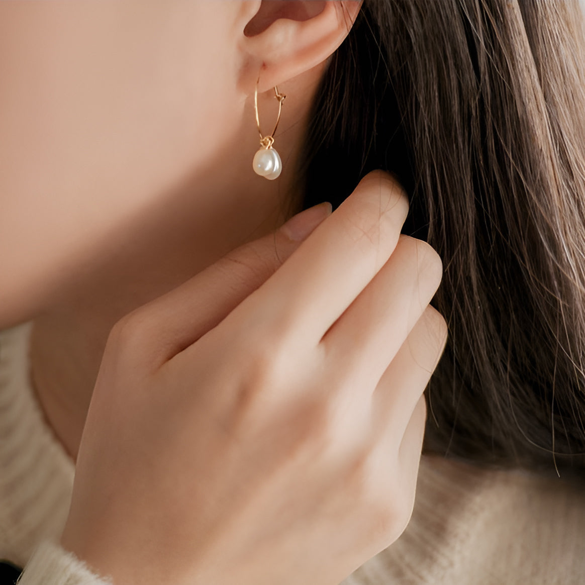 Silver Wire Hoop Earrings with Dangling Pearls