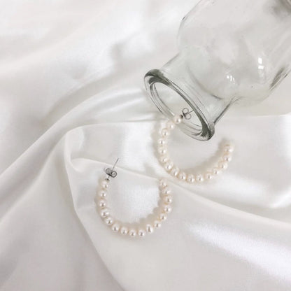 Natural Pearl Open Hoop Earrings with Silver Posts