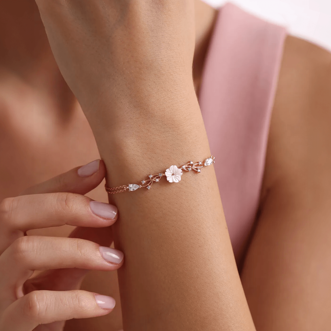 Petite Magnolia Flower Bracelet Rose Gold Plated Chain