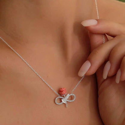 Infinity Necklace in 925 Sterling Silver with Rose and Zircon Stones