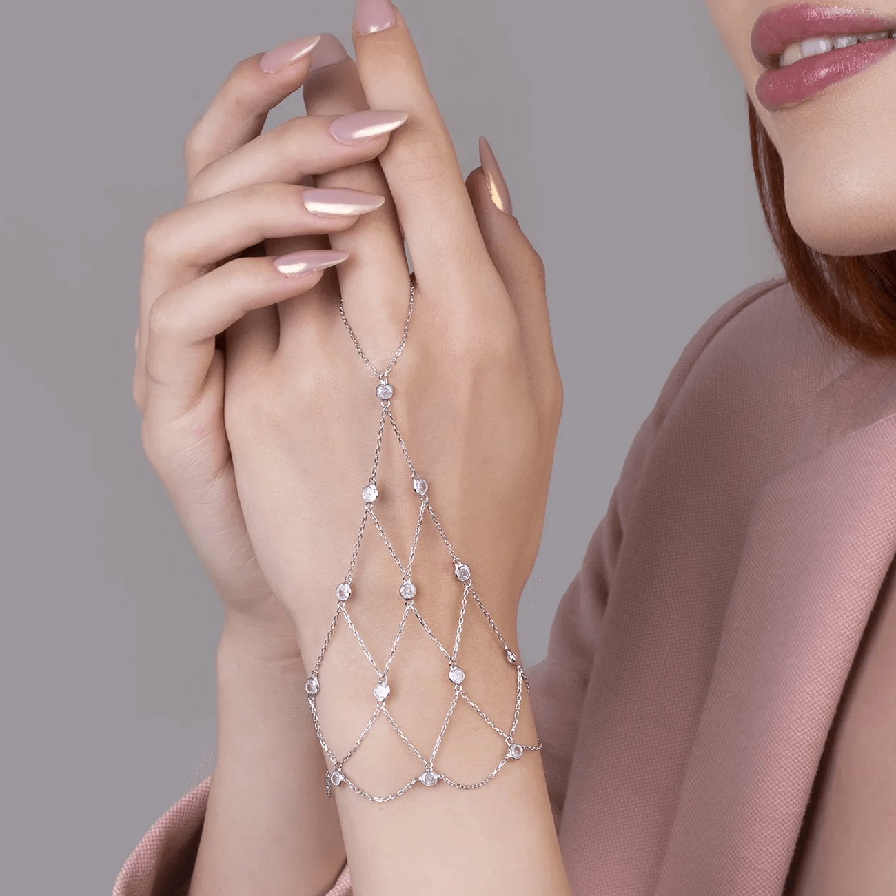 Pink Gold Net Bracelet 925 Silver Boho Hand Chain