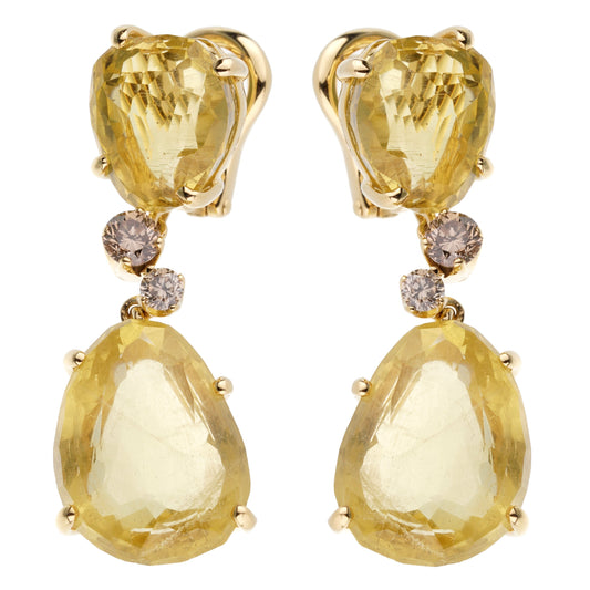 Pothtmellato 12ct Lemon Quartz Champagne Diamond Drop 18k Gold Earrings