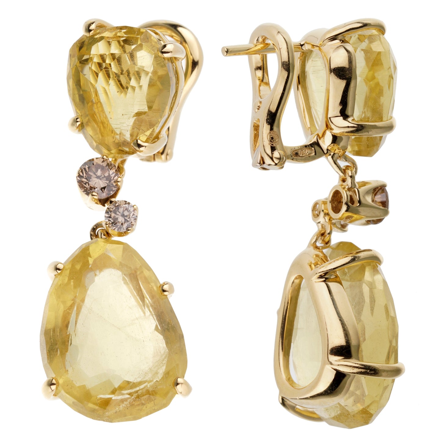 Pothtmellato 12ct Lemon Quartz Champagne Diamond Drop 18k Gold Earrings