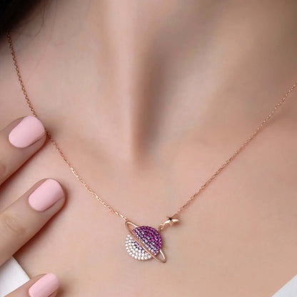 Saturn Planet Chain Necklace Black Cubic Zirconia in 925 Silver