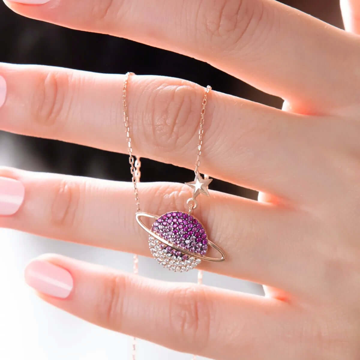 Saturn Planet Chain Necklace Black Cubic Zirconia in 925 Silver