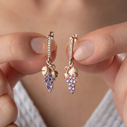 Purple Zirconia Grapes Dangle Earrings Gold-Plated Silver
